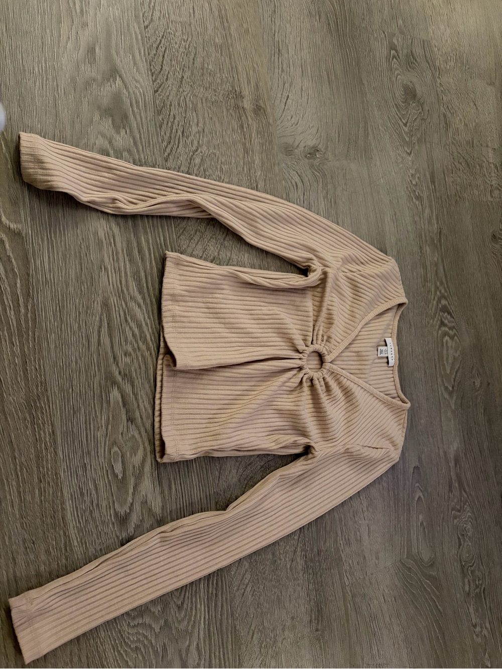 Top shop Ribbed Long-Sleeve Knot Front Top - Beige